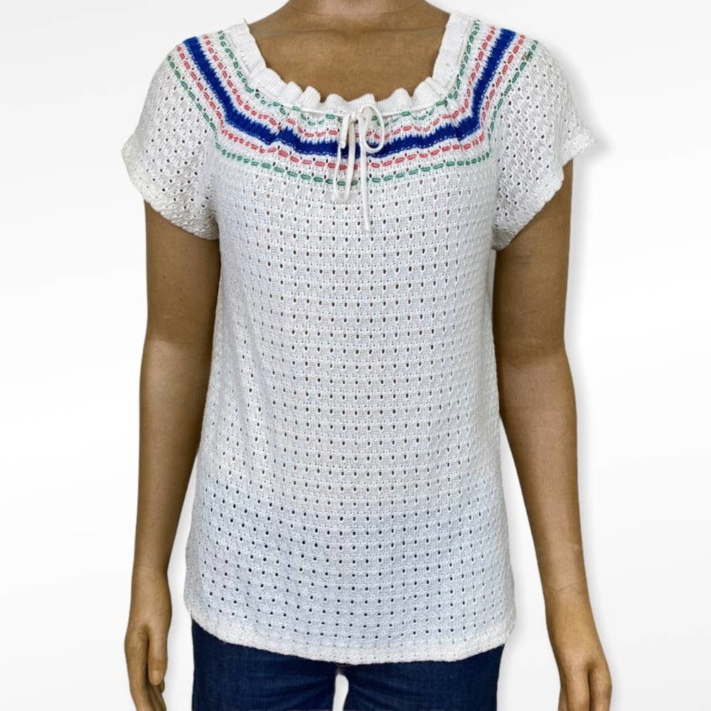 Vintage Crocheted Peasant Blouse Short Sleeve Knit Top